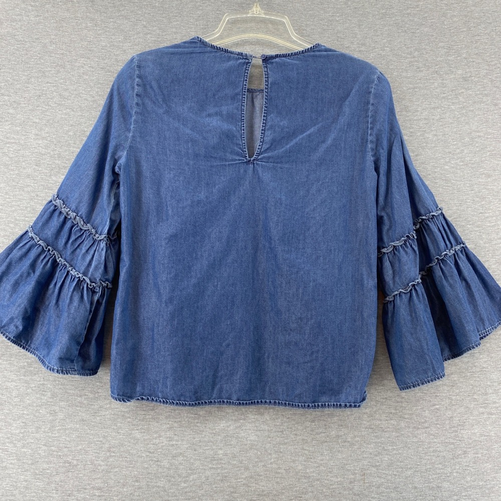 Express‎ Embroidered Denim Bell Sleeve Boho Blue Floral Ruffle Flare Long Sleeve - Picture 4 of 8